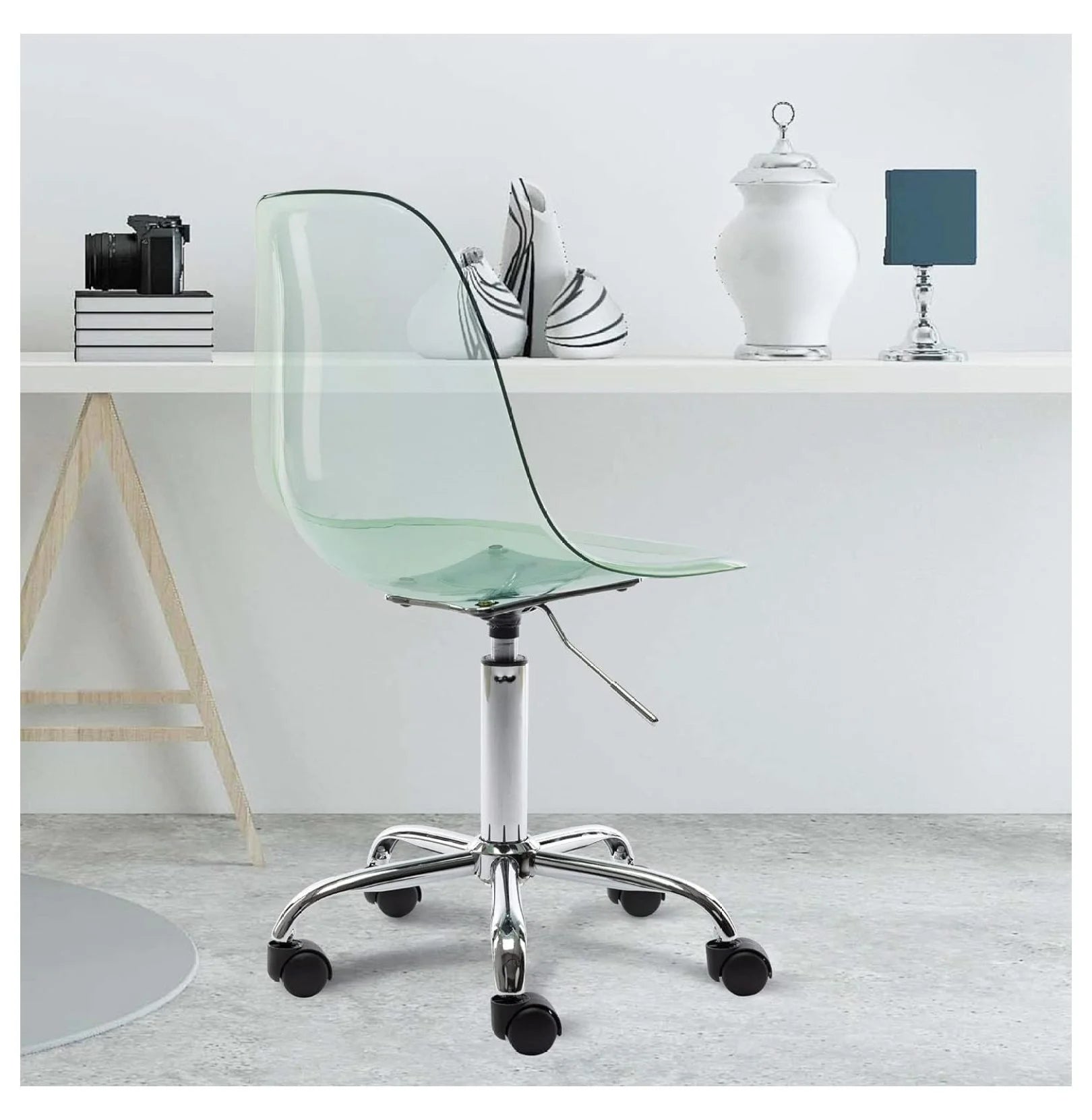Echoworld Clear Rolling Chair, Armless Desk Chair with Golden Feet Swivel Molded Plastic Shell Adjustable Home Office Chair with Wheels, Clear
