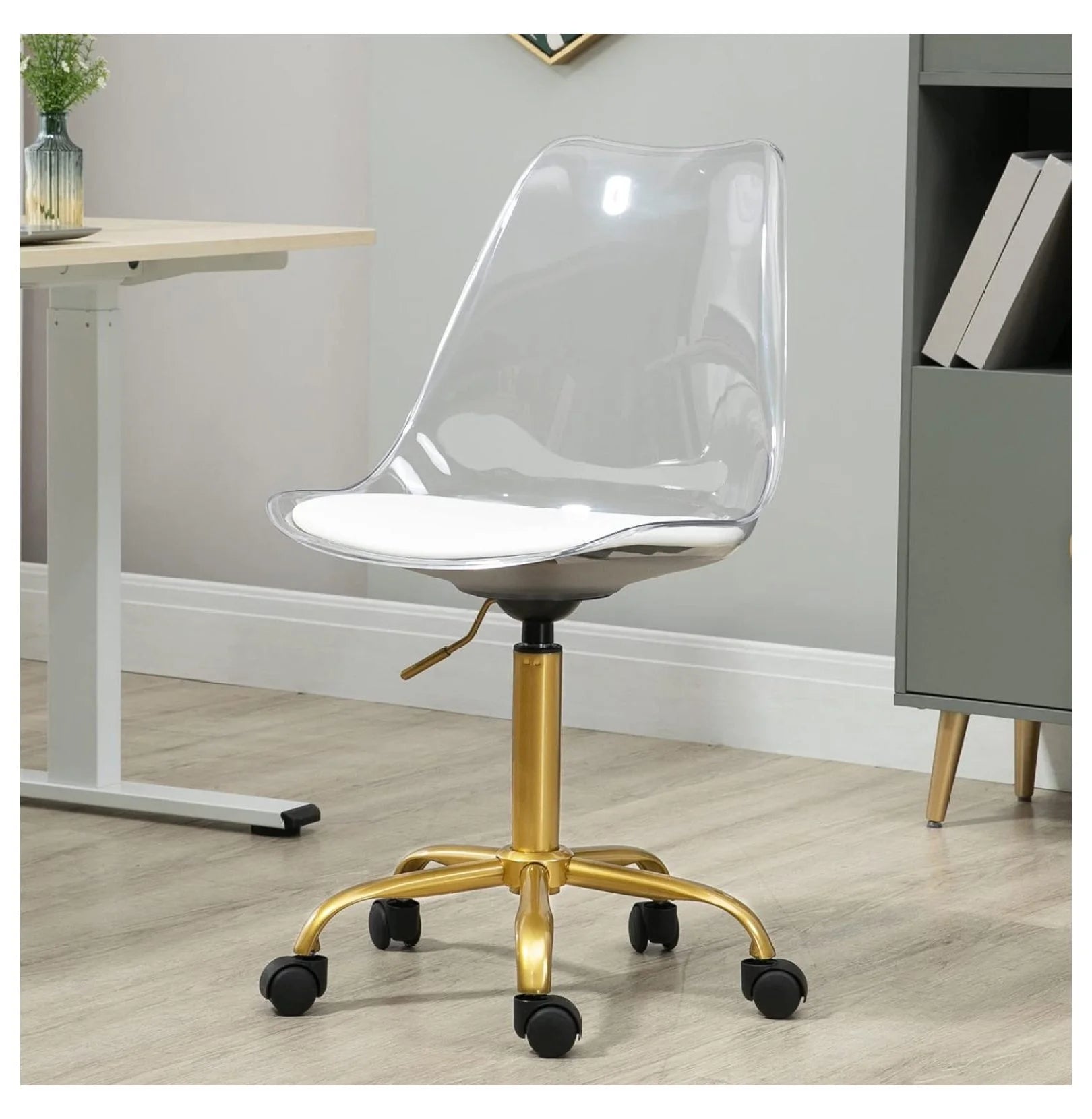 Echoworld Clear Rolling Chair, Armless Desk Chair with Golden Feet Swivel Molded Plastic Shell Adjustable Home Office Chair with Wheels, Clear