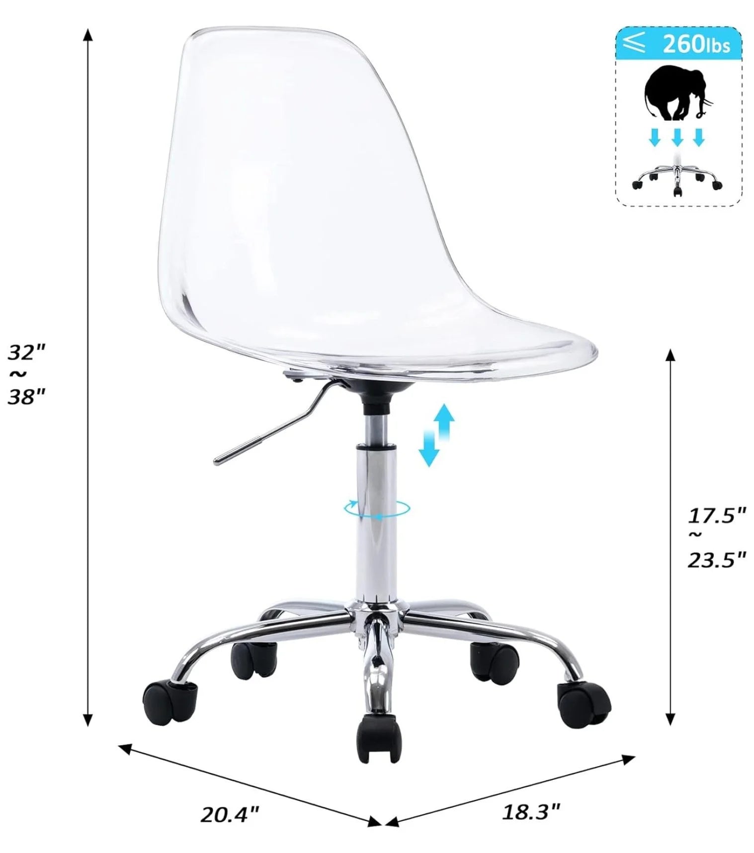 Echoworld Clear Rolling Chair, Armless Desk Chair with Golden Feet Swivel Molded Plastic Shell Adjustable Home Office Chair with Wheels, Clear