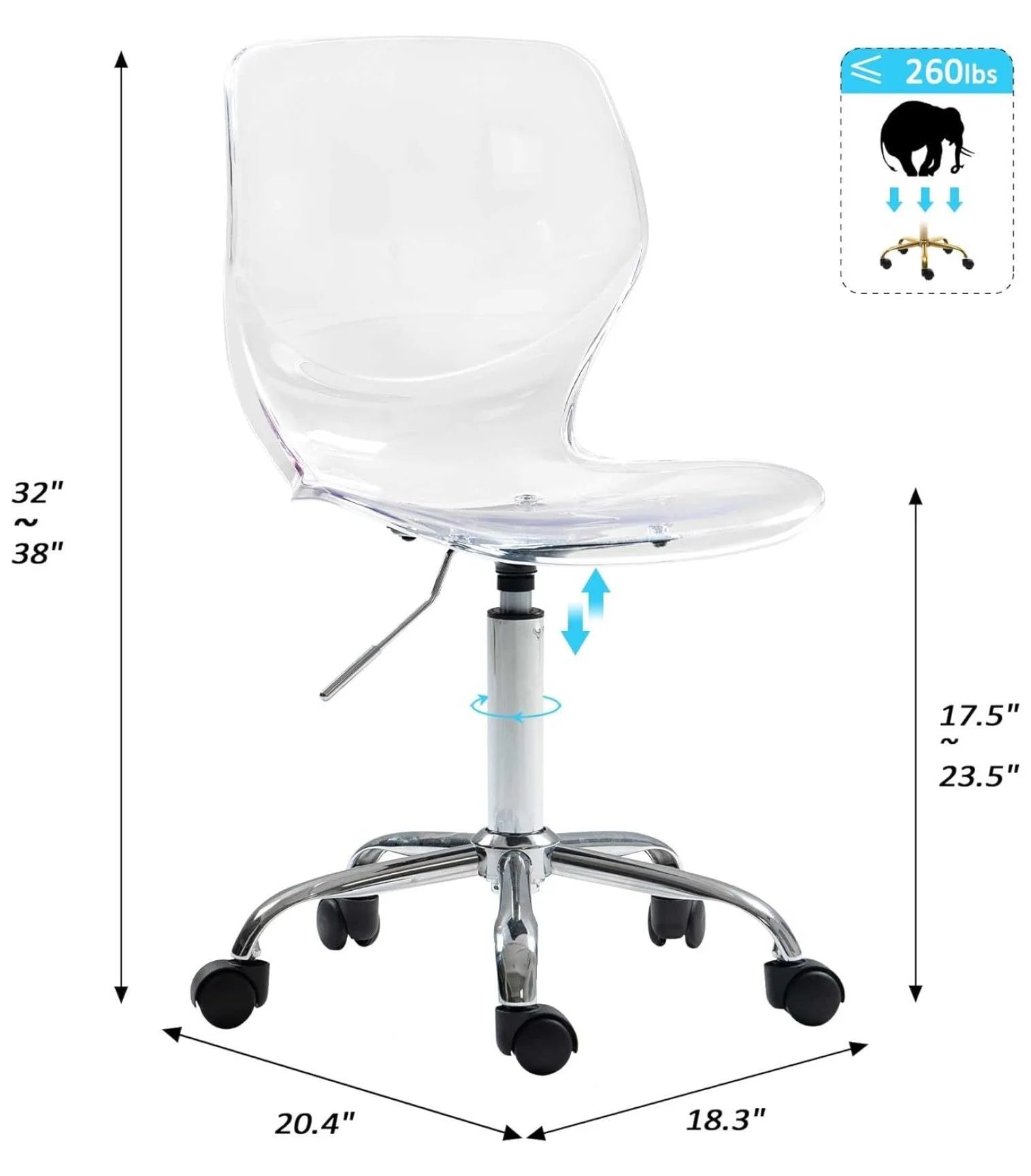 Echoworld Clear Rolling Chair, Armless Desk Chair with Golden Feet Swivel Molded Plastic Shell Adjustable Home Office Chair with Wheels, Clear