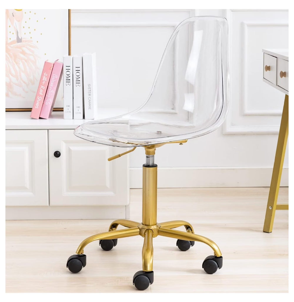 Echoworld Clear Rolling Chair, Armless Desk Chair with Golden Feet Swivel Molded Plastic Shell Adjustable Home Office Chair with Wheels, Clear