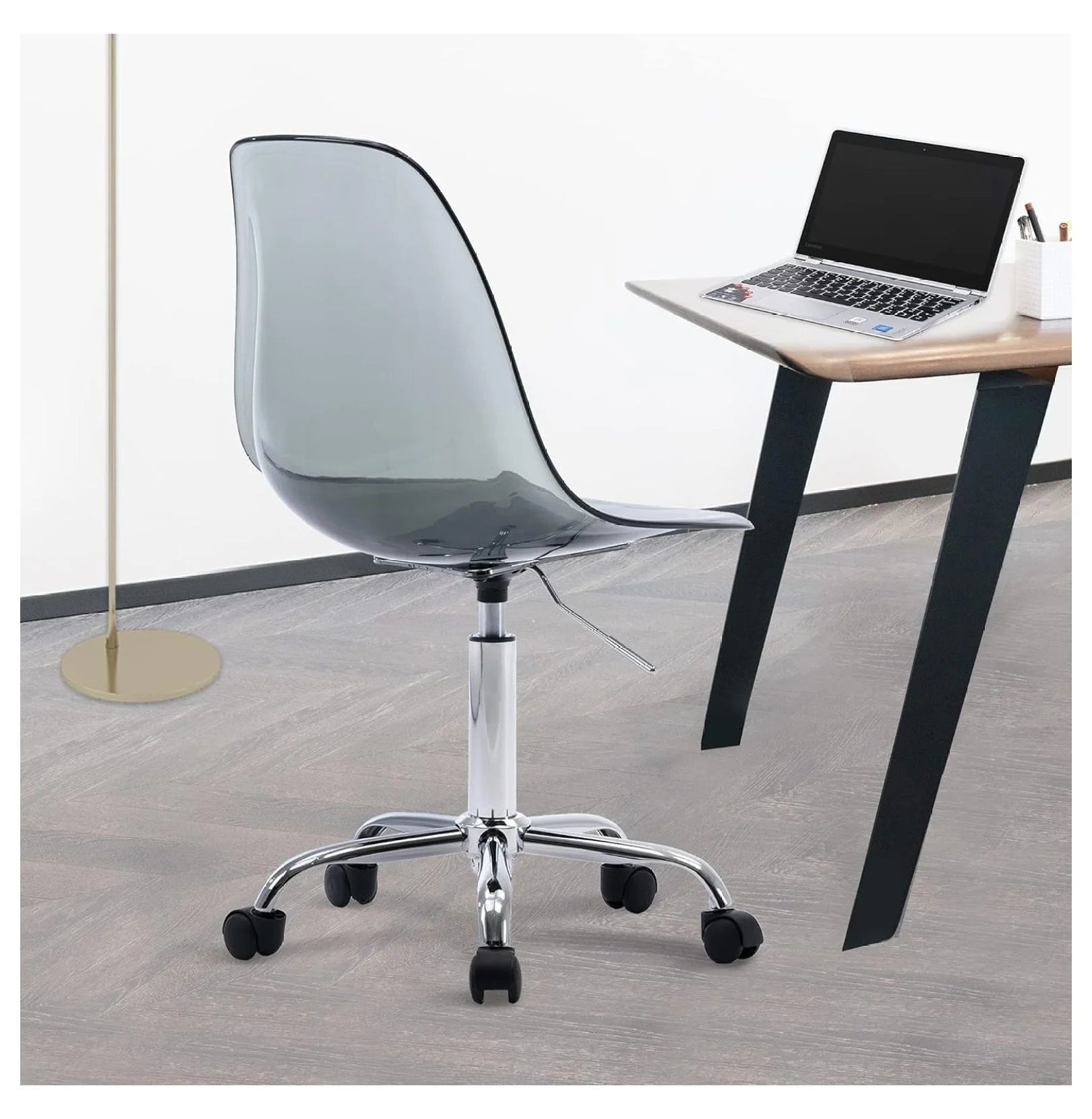 Echoworld Clear Rolling Chair, Armless Desk Chair with Golden Feet Swivel Molded Plastic Shell Adjustable Home Office Chair with Wheels, Clear