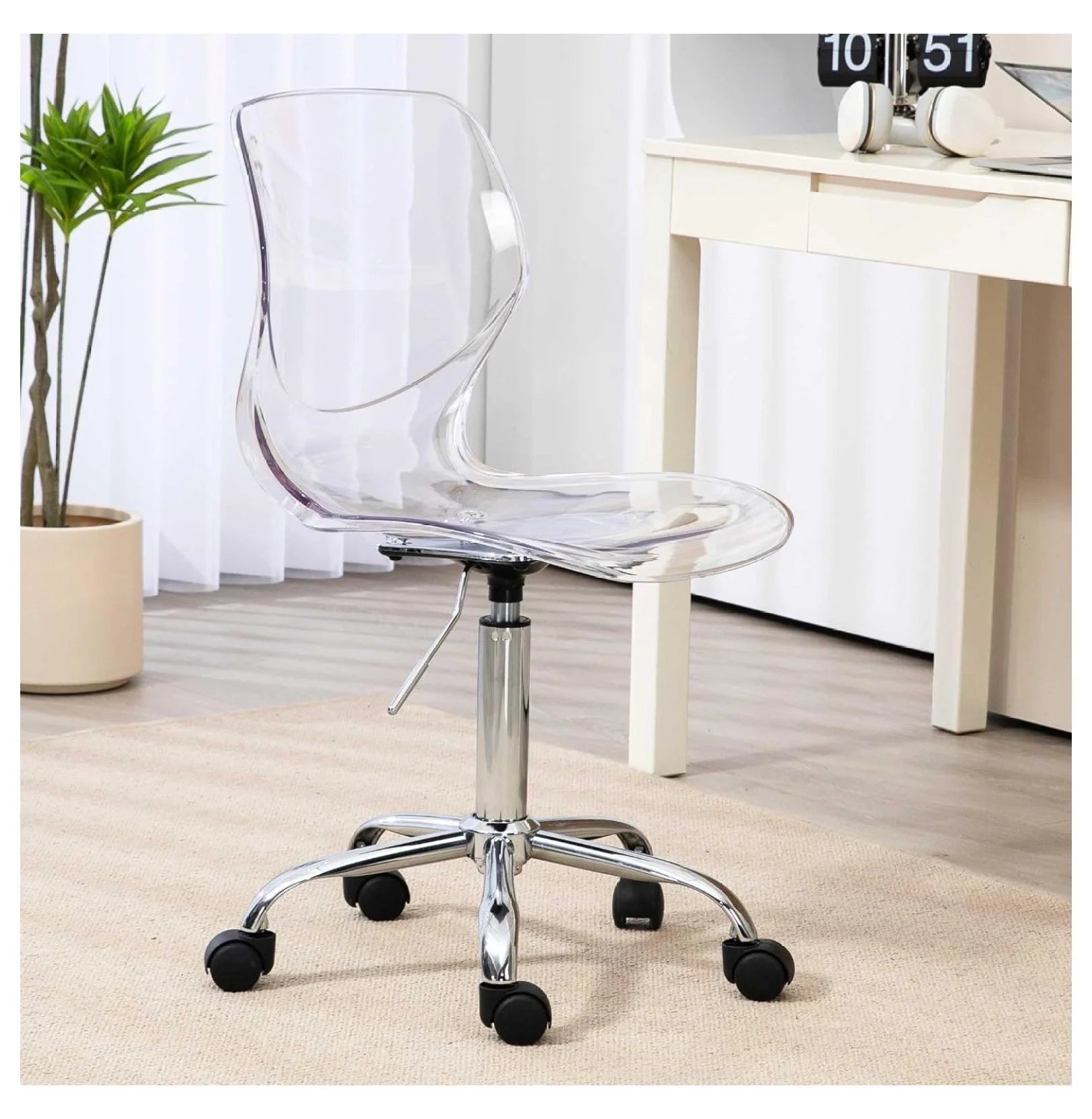 Echoworld Clear Rolling Chair, Armless Desk Chair with Golden Feet Swivel Molded Plastic Shell Adjustable Home Office Chair with Wheels, Clear