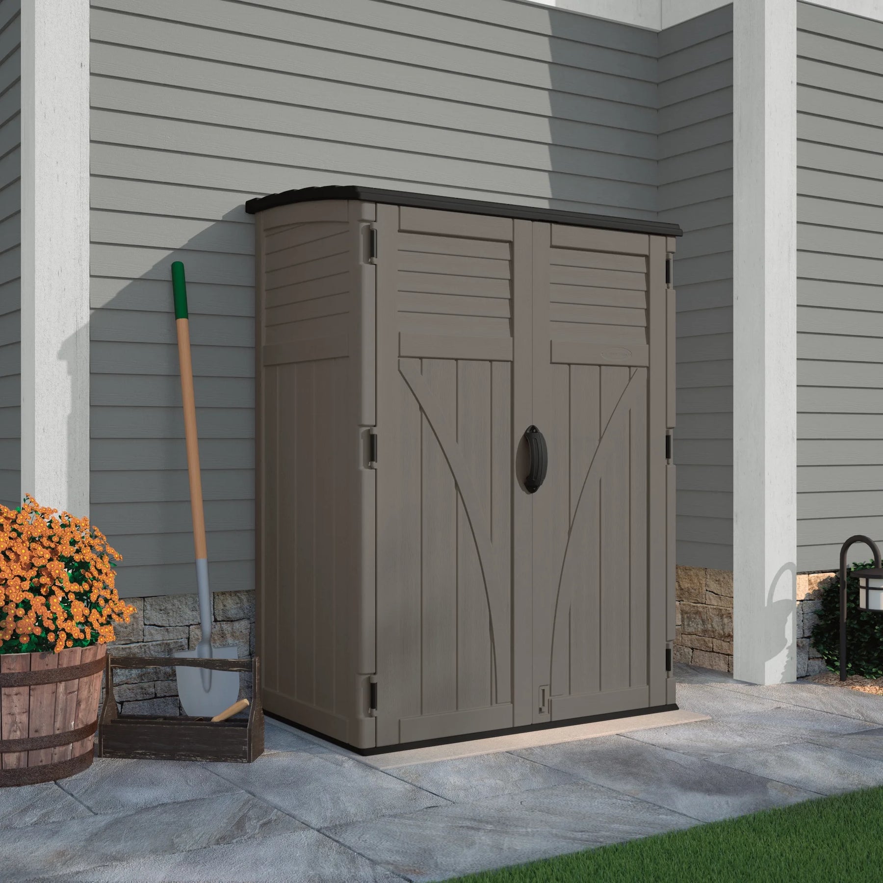 Suncast 54 cu ft Vertical Shed Outdoor Storage for Patio and Garage, Stoney