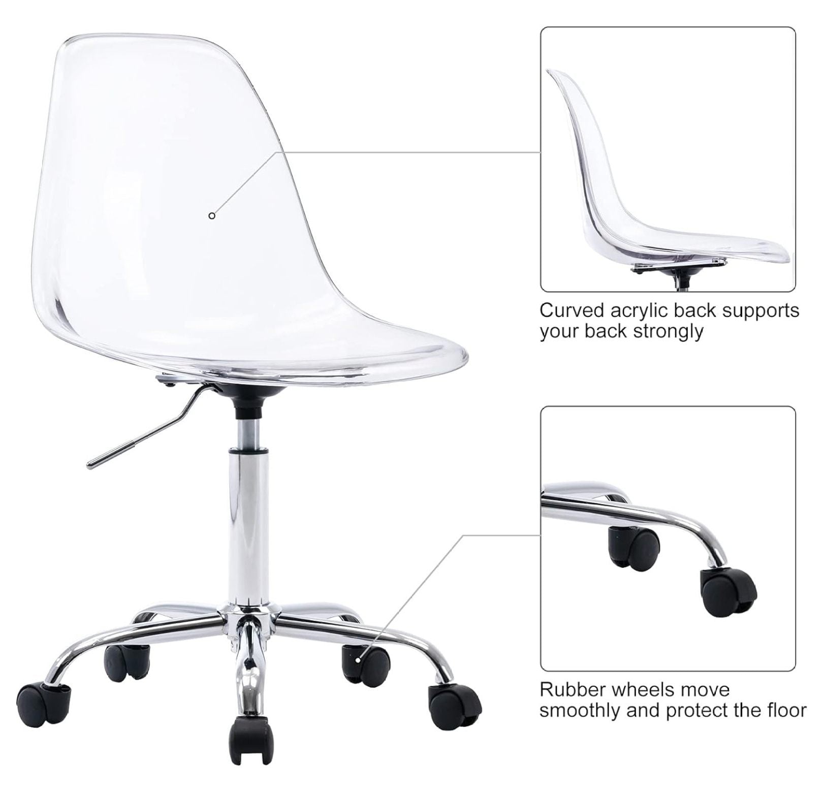Echoworld Clear Rolling Chair, Armless Desk Chair with Golden Feet Swivel Molded Plastic Shell Adjustable Home Office Chair with Wheels, Clear