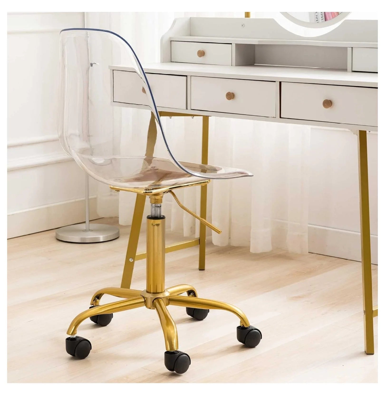 Echoworld Clear Rolling Chair, Armless Desk Chair with Golden Feet Swivel Molded Plastic Shell Adjustable Home Office Chair with Wheels, Clear