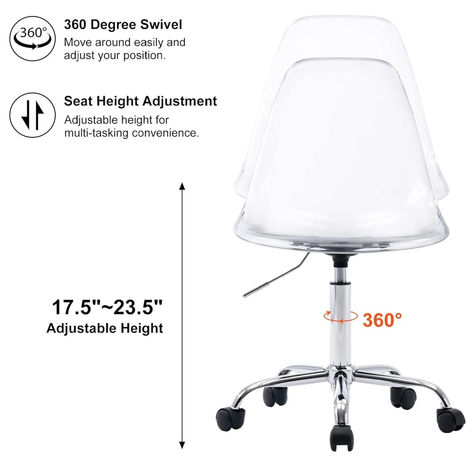 Echoworld Clear Rolling Chair, Armless Desk Chair with Golden Feet Swivel Molded Plastic Shell Adjustable Home Office Chair with Wheels, Clear