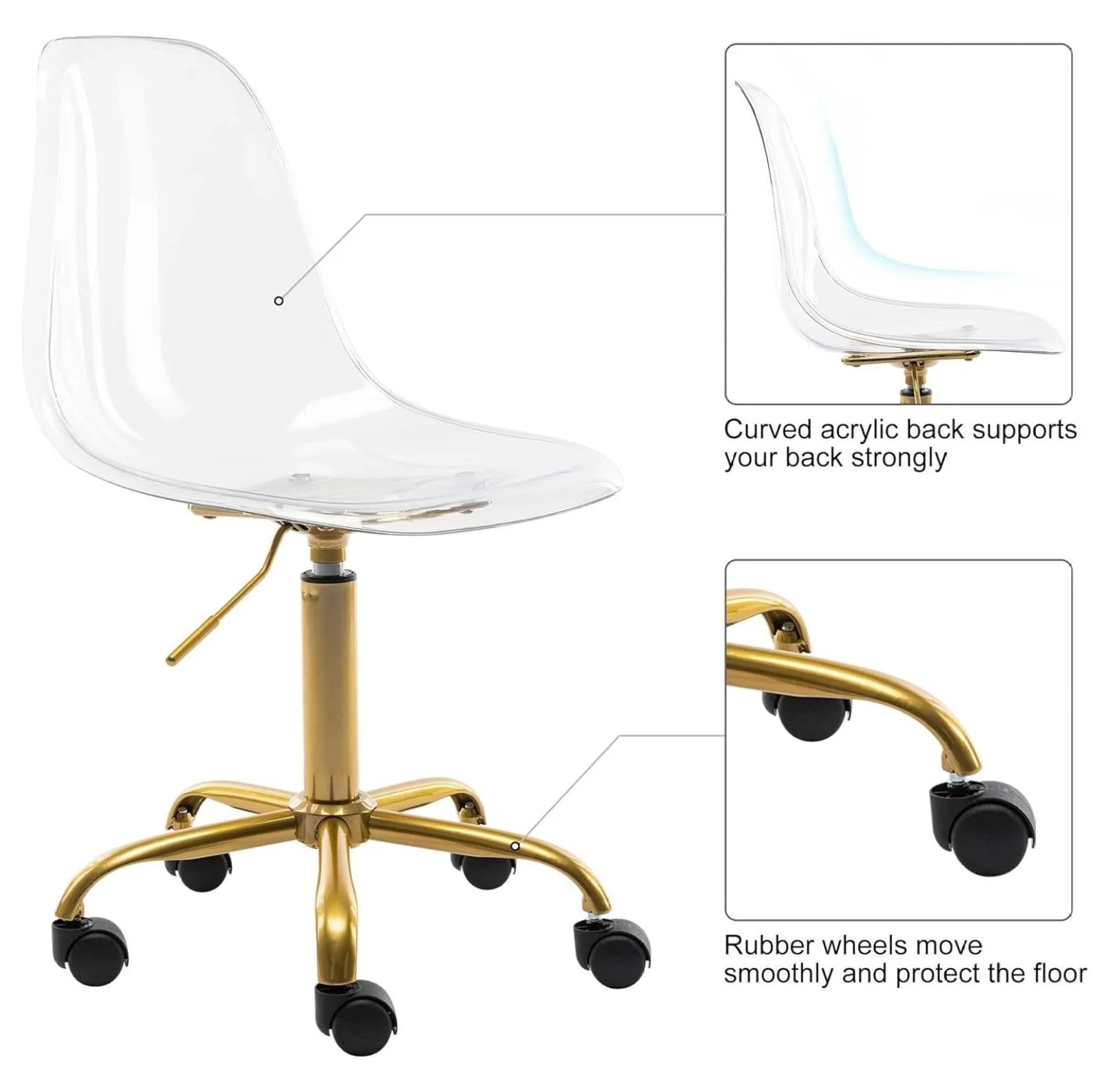 Echoworld Clear Rolling Chair, Armless Desk Chair with Golden Feet Swivel Molded Plastic Shell Adjustable Home Office Chair with Wheels, Clear