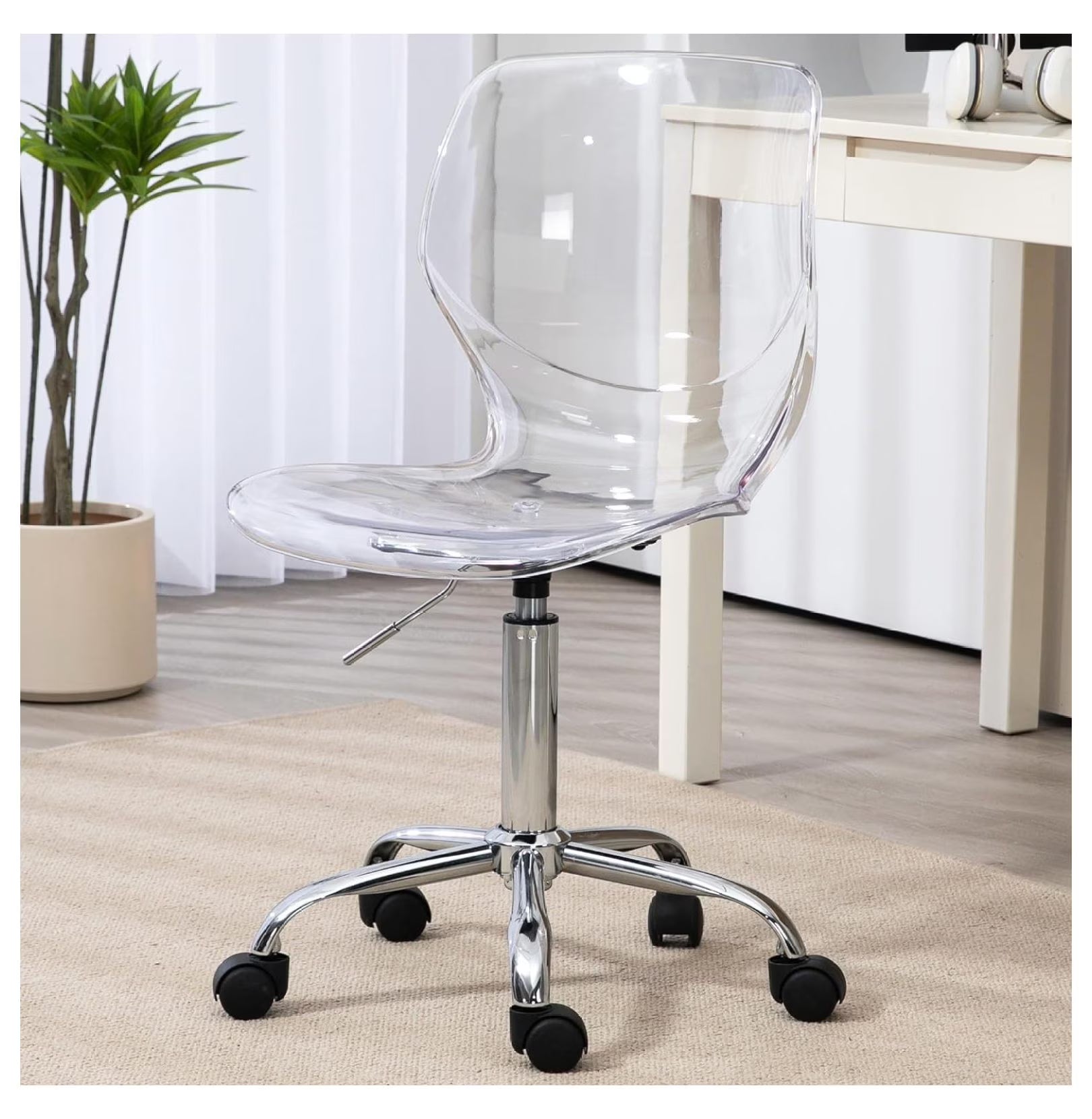 Echoworld Clear Rolling Chair, Armless Desk Chair with Golden Feet Swivel Molded Plastic Shell Adjustable Home Office Chair with Wheels, Clear
