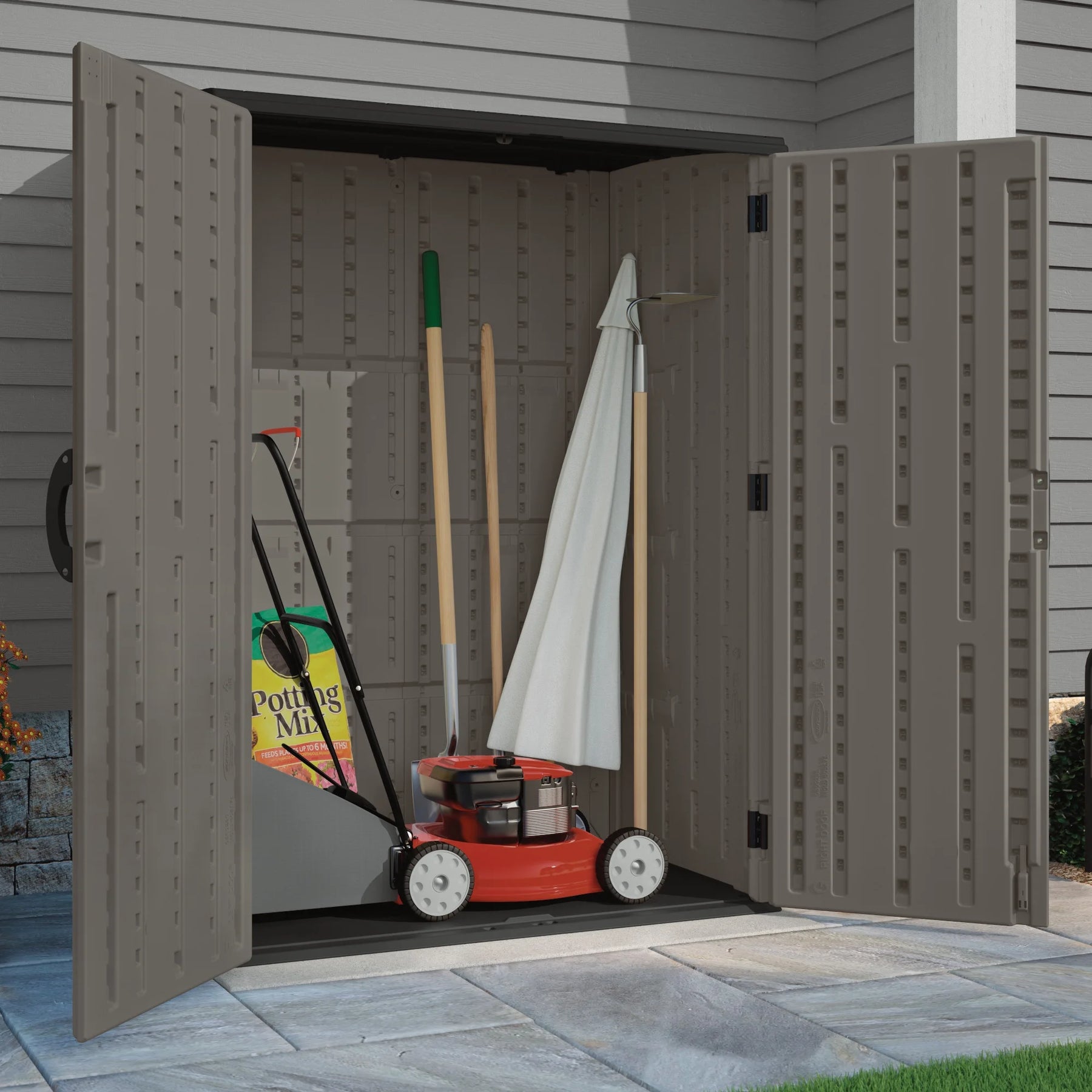 Suncast 54 cu ft Vertical Shed Outdoor Storage for Patio and Garage, Stoney