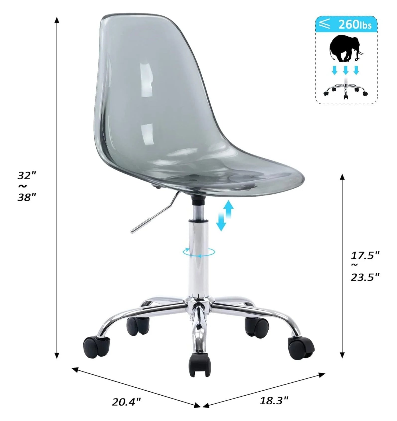 Echoworld Clear Rolling Chair, Armless Desk Chair with Golden Feet Swivel Molded Plastic Shell Adjustable Home Office Chair with Wheels, Clear